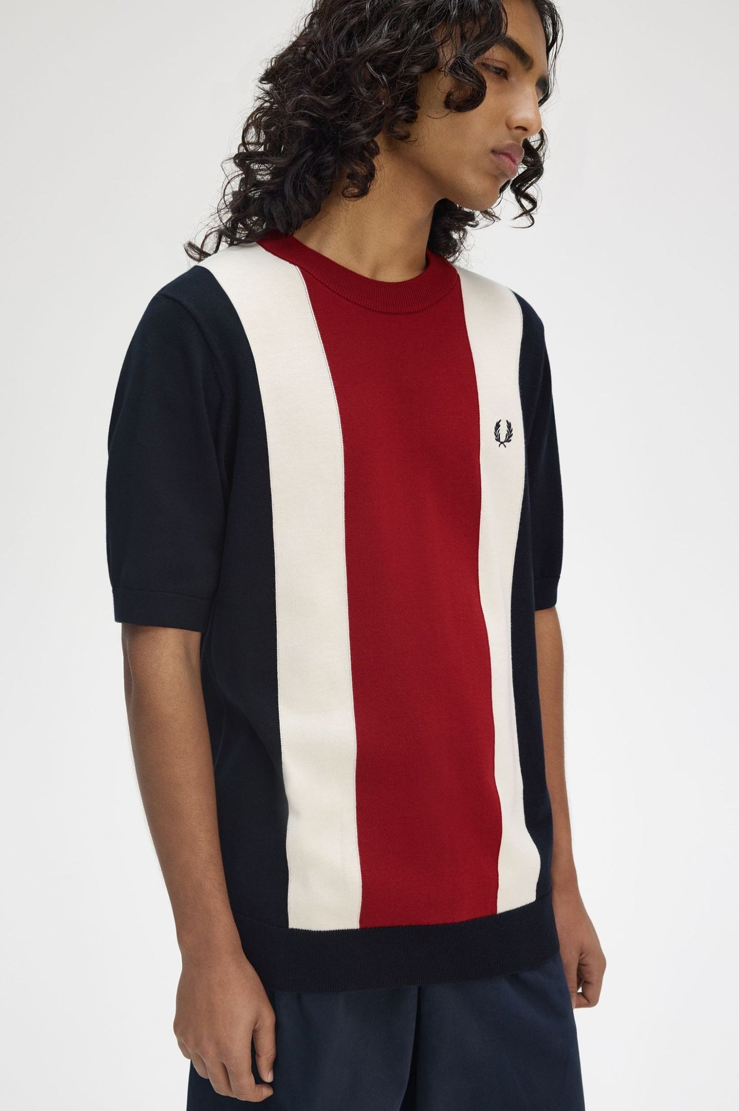Fred Perry Vertical Stripe Knitted T-Shirt Navy / Burnt Red / Ecru