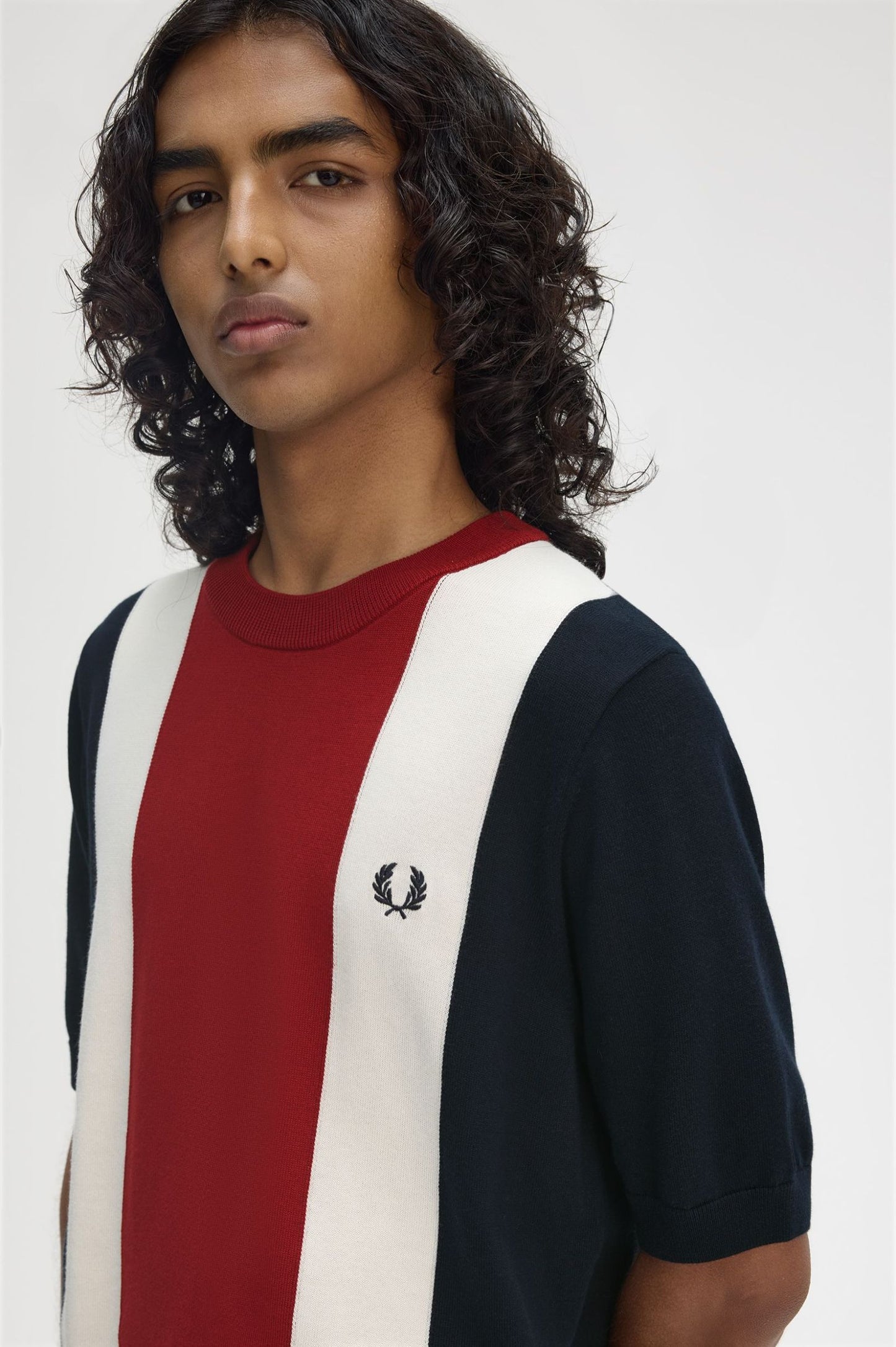 Fred Perry Vertical Stripe Knitted T-Shirt Navy / Burnt Red / Ecru