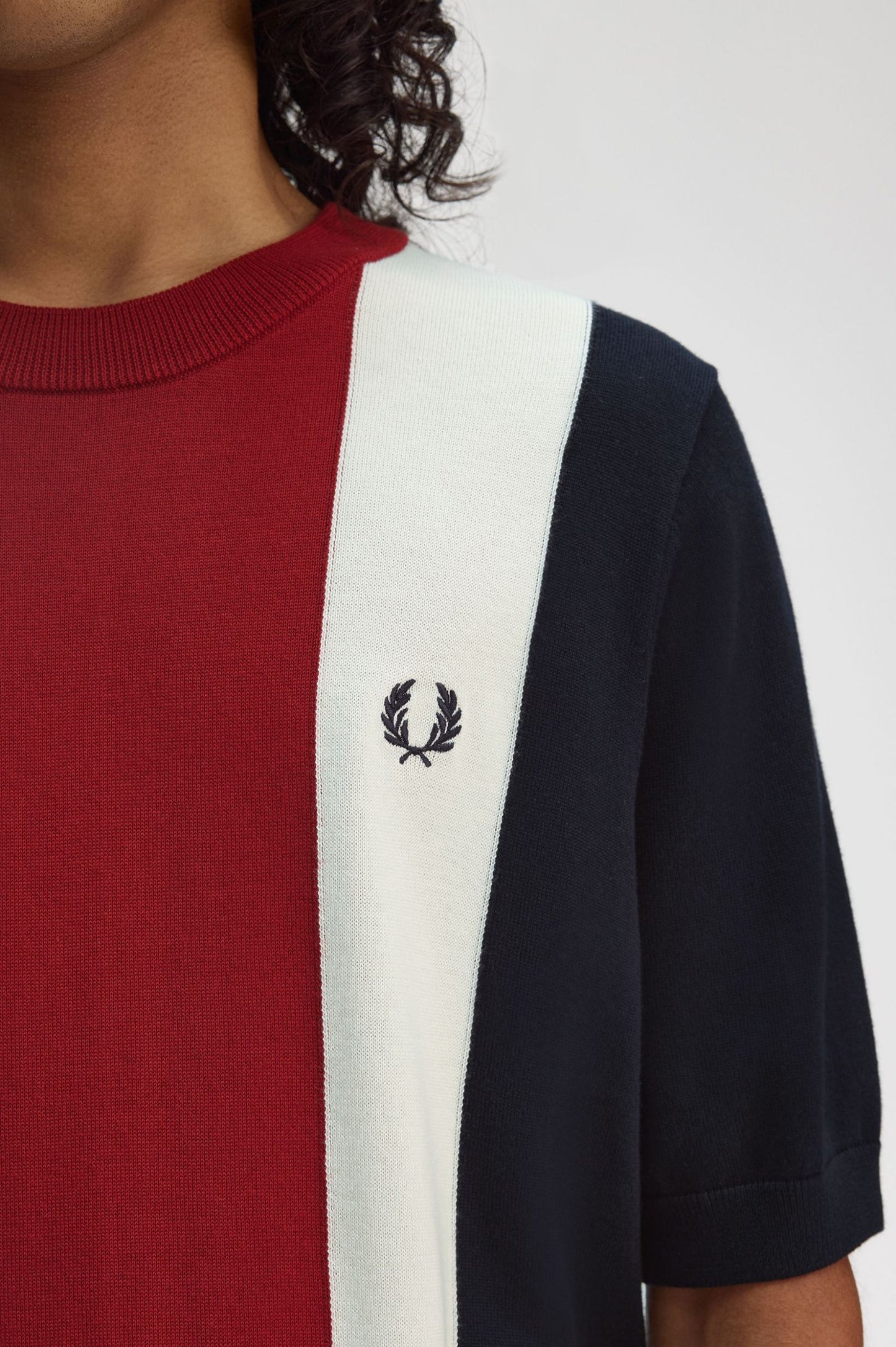 Fred Perry Vertical Stripe Knitted T-Shirt Navy / Burnt Red / Ecru