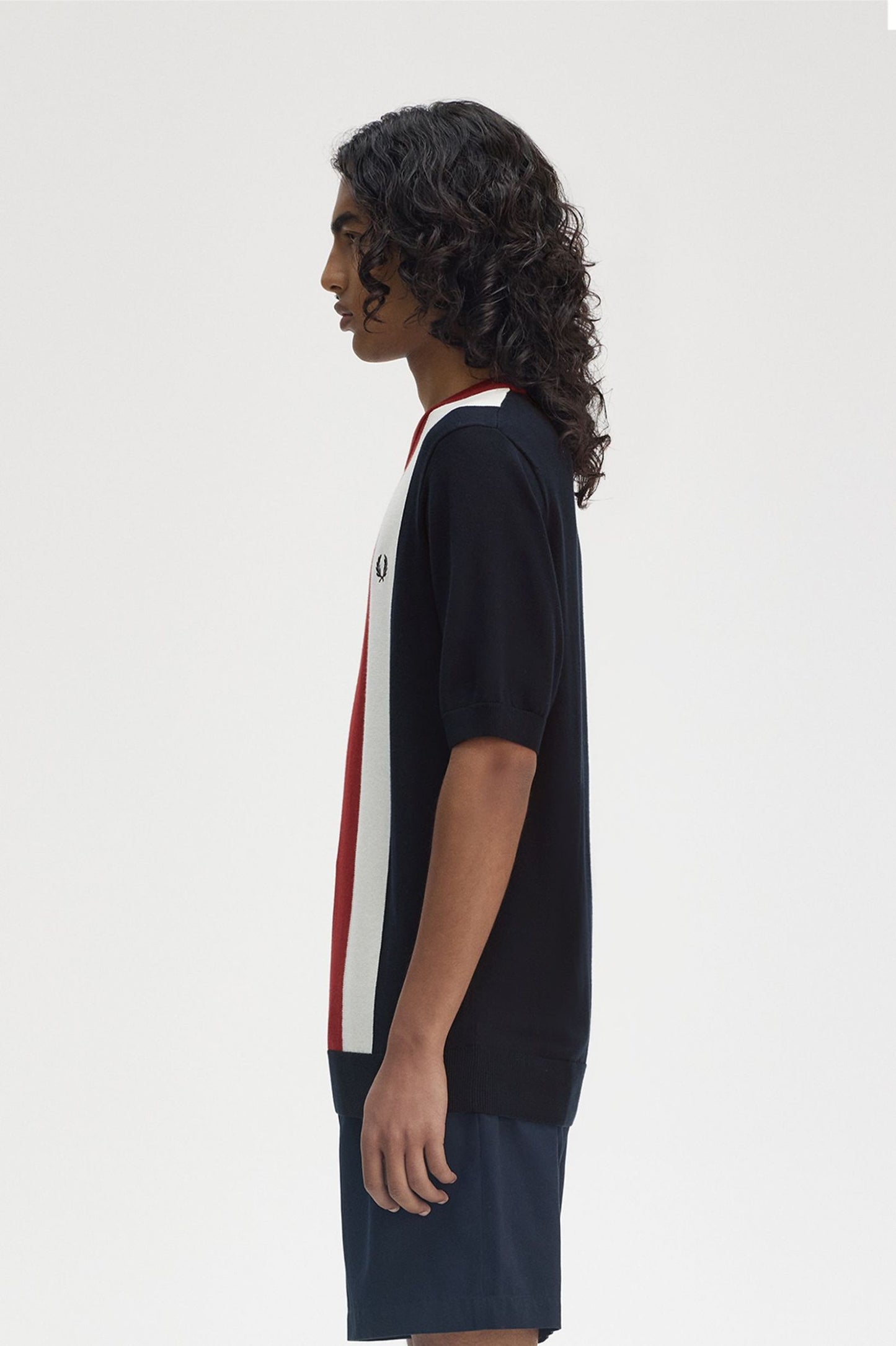 Fred Perry Vertical Stripe Knitted T-Shirt Navy / Burnt Red / Ecru
