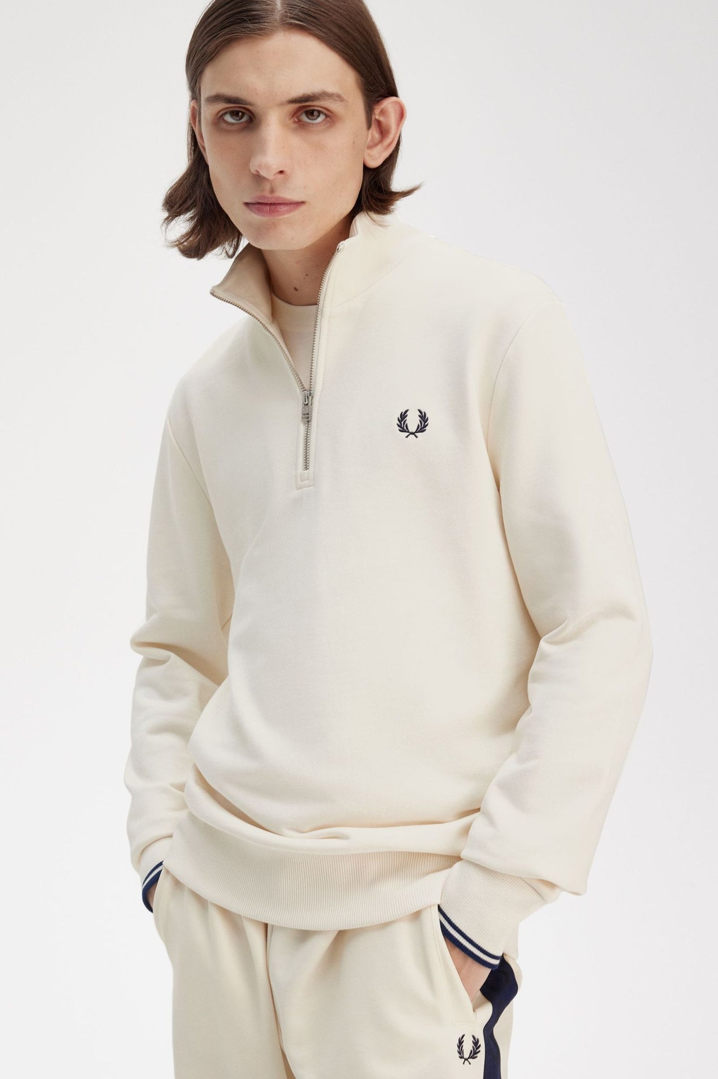 Fred Perry Half Zip Sweatshirt Ecru / Tennisblue