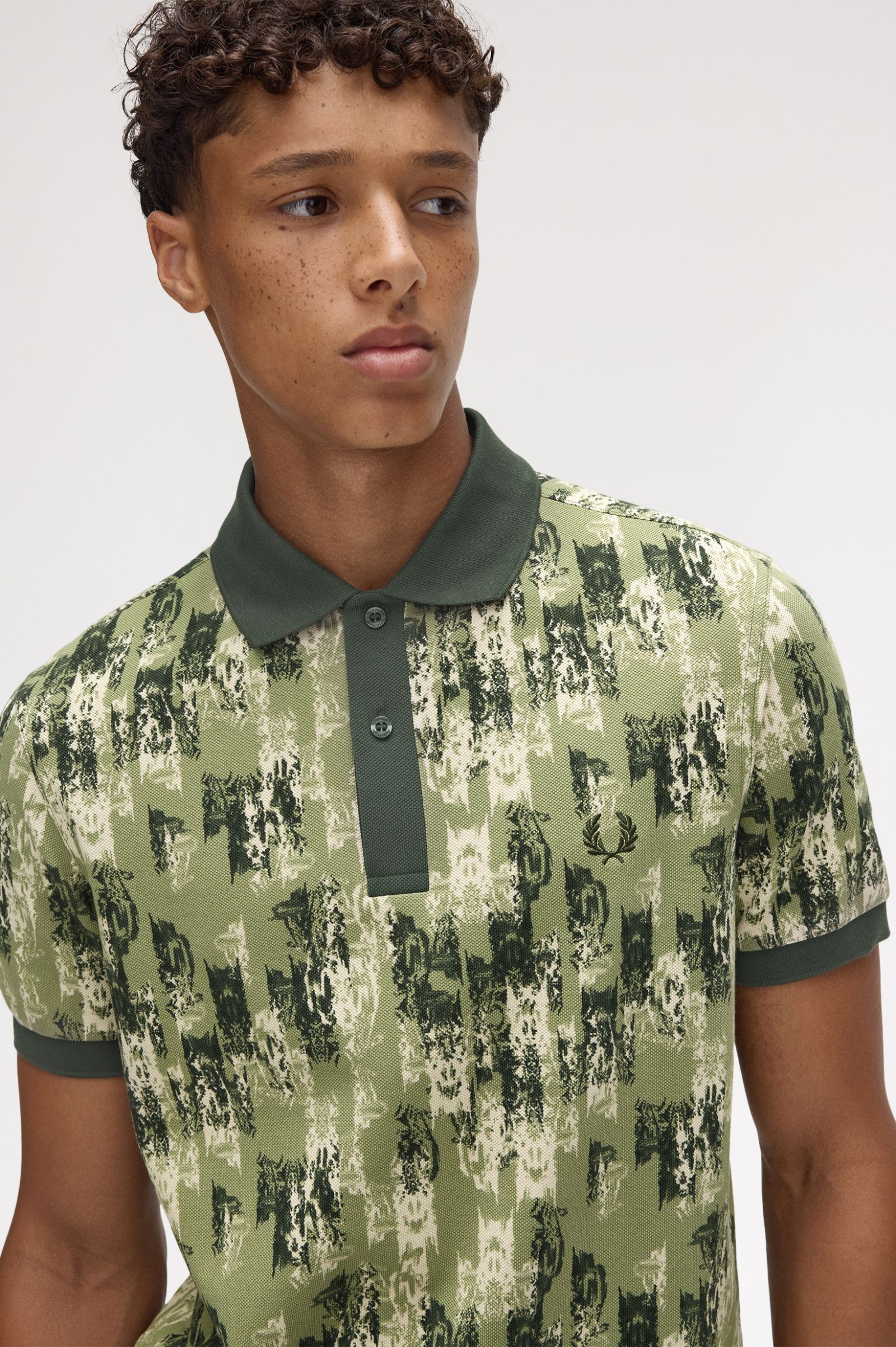 Fred Perry Abstract Print Polo Shirt Olive Mint – Kingpin Clothing
