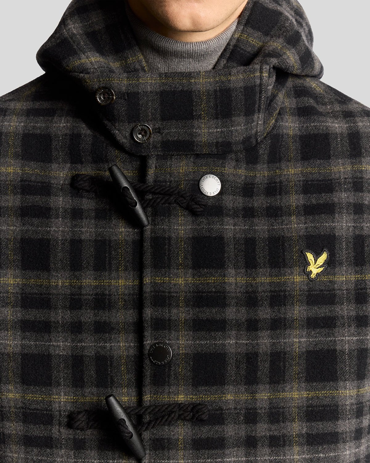 Lyle & Scott Modular Tartan Duffle Coat Jet Black