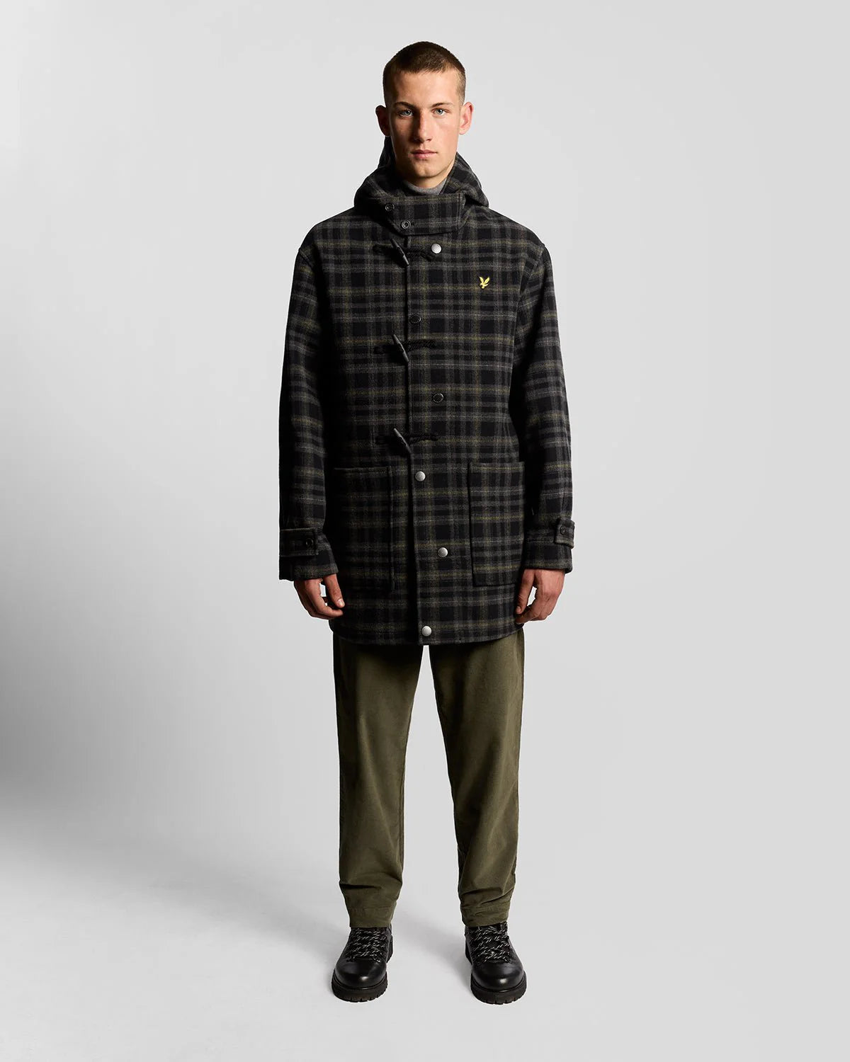 Lyle & Scott Modular Tartan Duffle Coat Jet Black