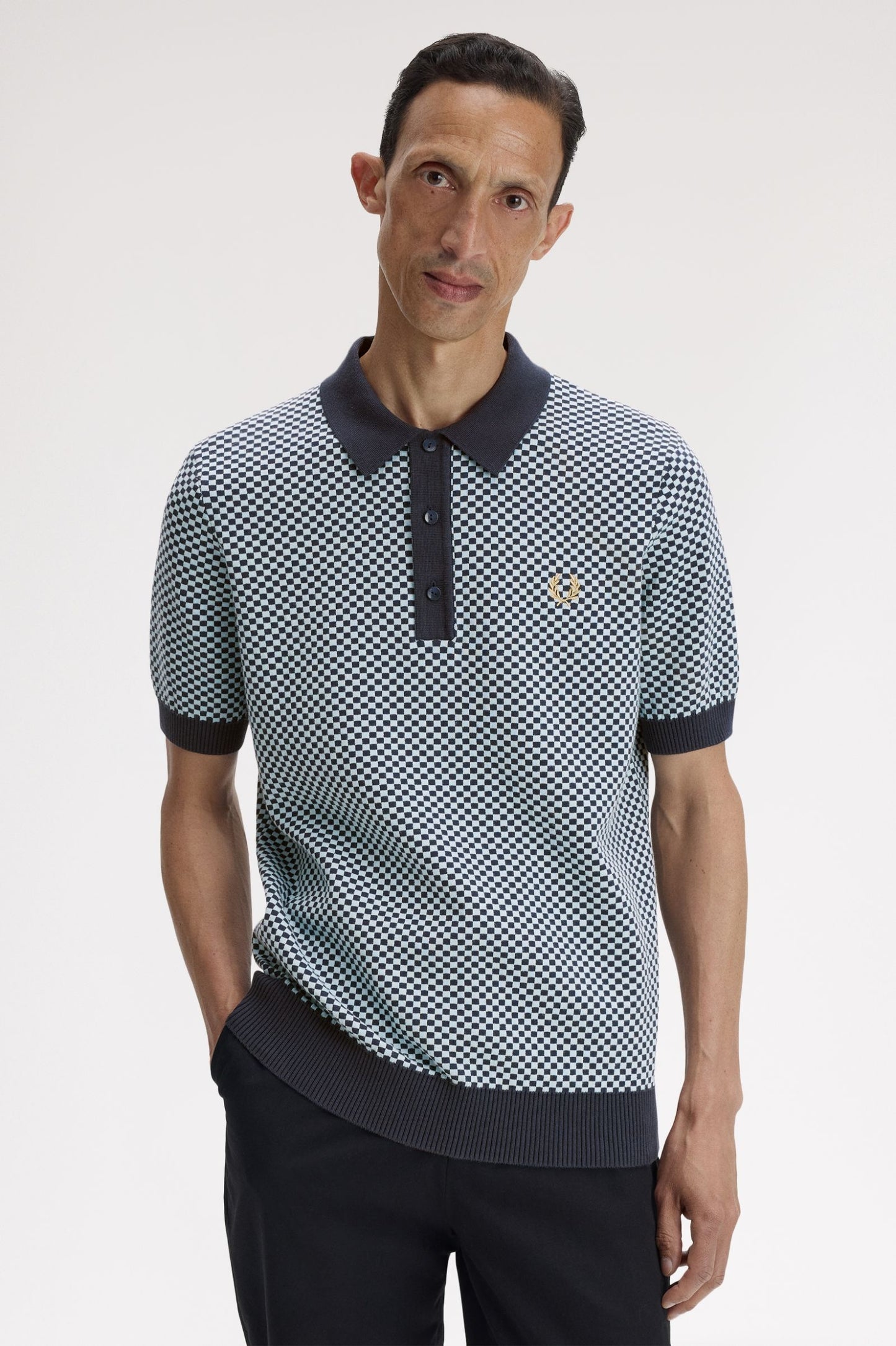 Fred Perry Chequerboard Knitted Shirt Dark Airforce
