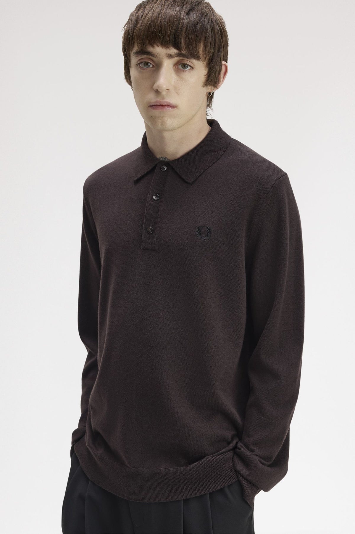 Fred Perry Long Sleeve Knitted Shirt Rich Brown