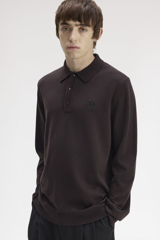 Fred Perry Long Sleeve Knitted Shirt Rich Brown
