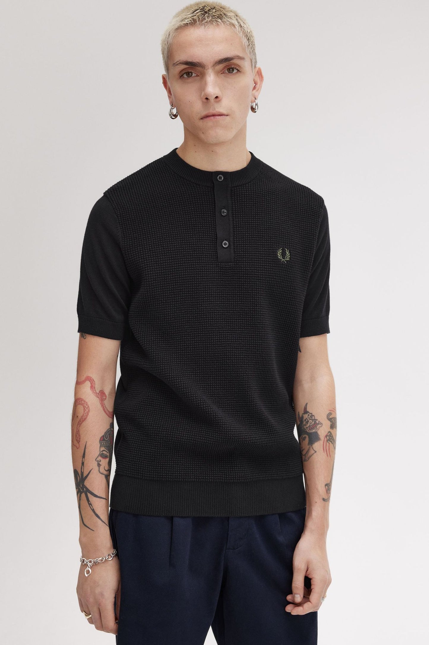 Fred Perry Waffle Stitch Henley Shirt Black