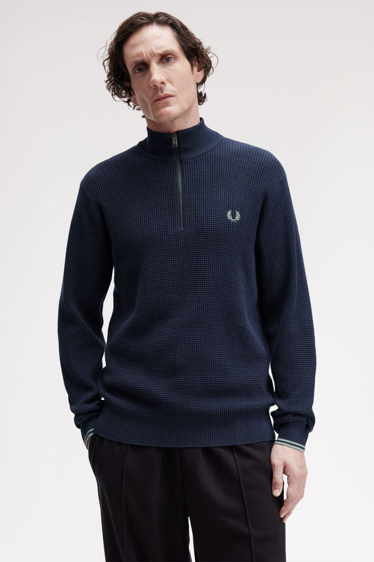 Fred Perry Waffle Stitch Half Zip Jumper Dark Airforce