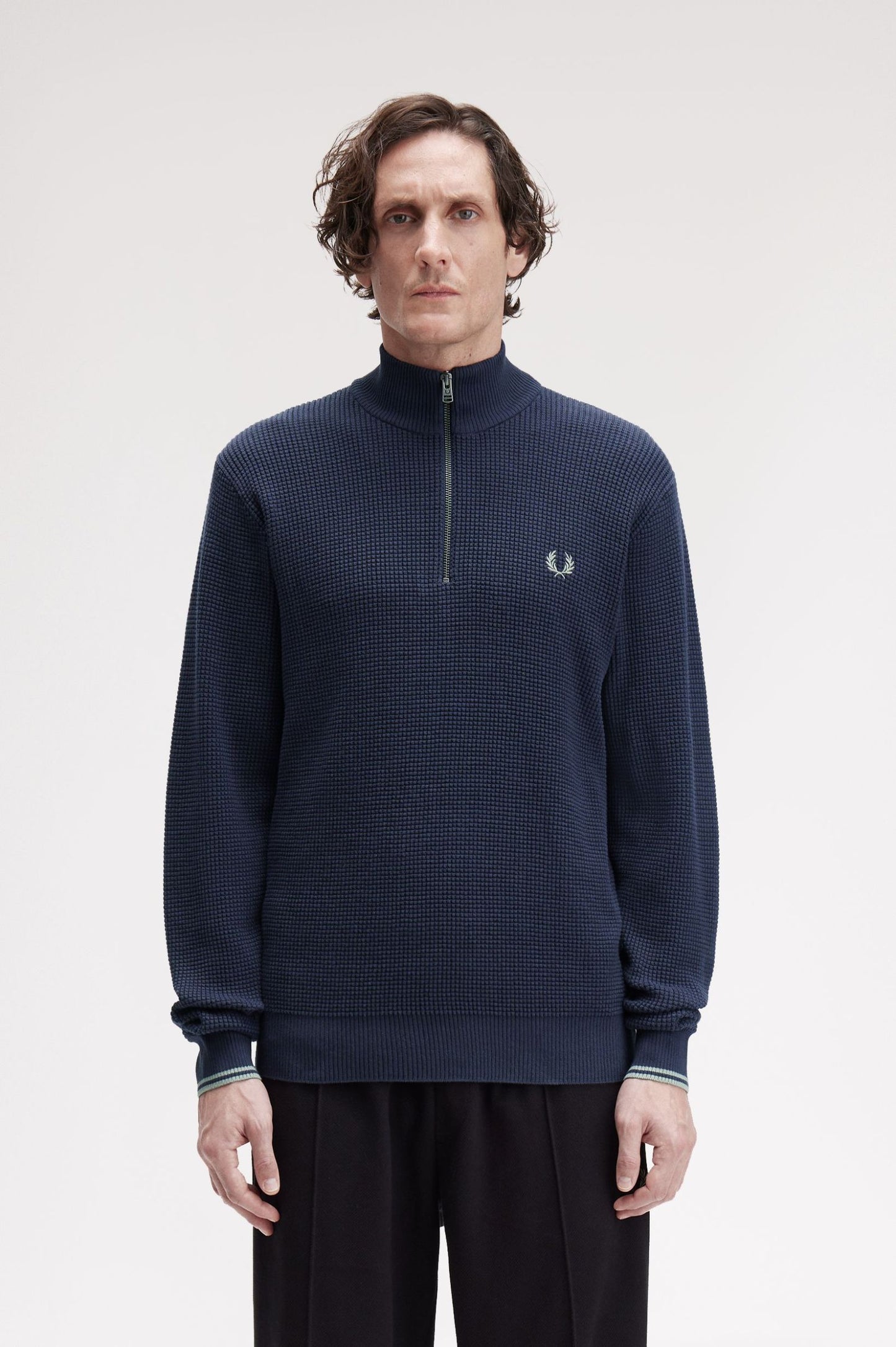 Fred Perry Waffle Stitch Half Zip Jumper Dark Airforce