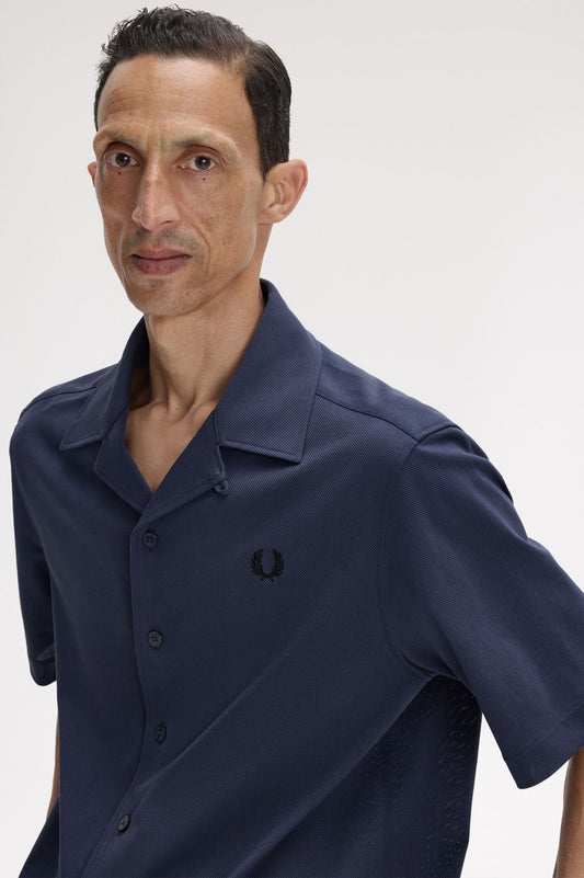Fred Perry Compress Mesh Revere Collar Shirt Dark Airforce