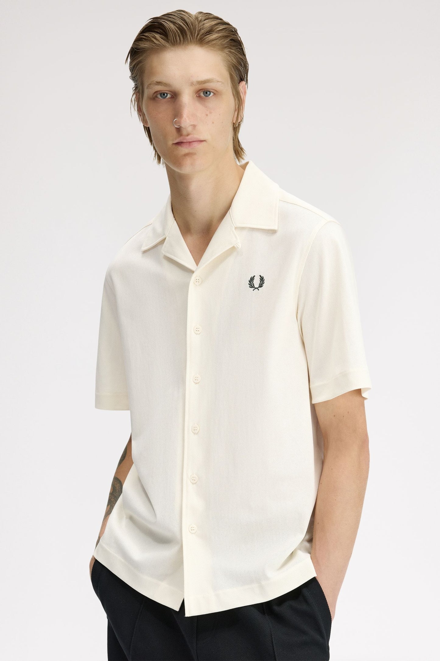 Fred Perry Compress Mesh Revere Collar Shirt Ecru