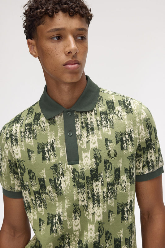 Fred Perry Abstract Print Polo Shirt Olive Mint