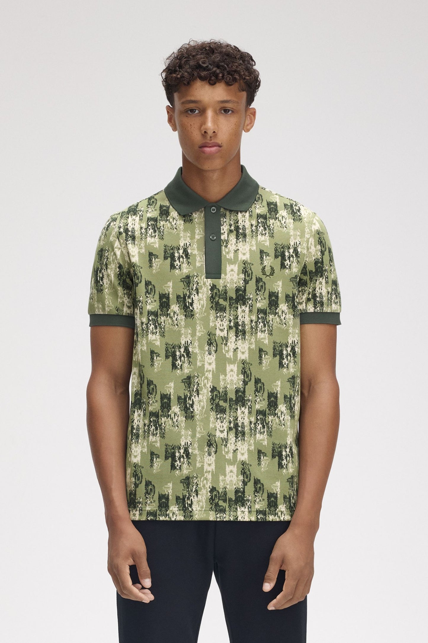 Fred Perry Abstract Print Polo Shirt Olive Mint