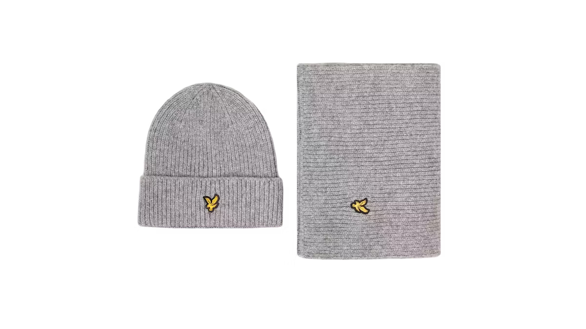 Lyle & Scott Cable Beanie & Scarf Set Light Marl Grey